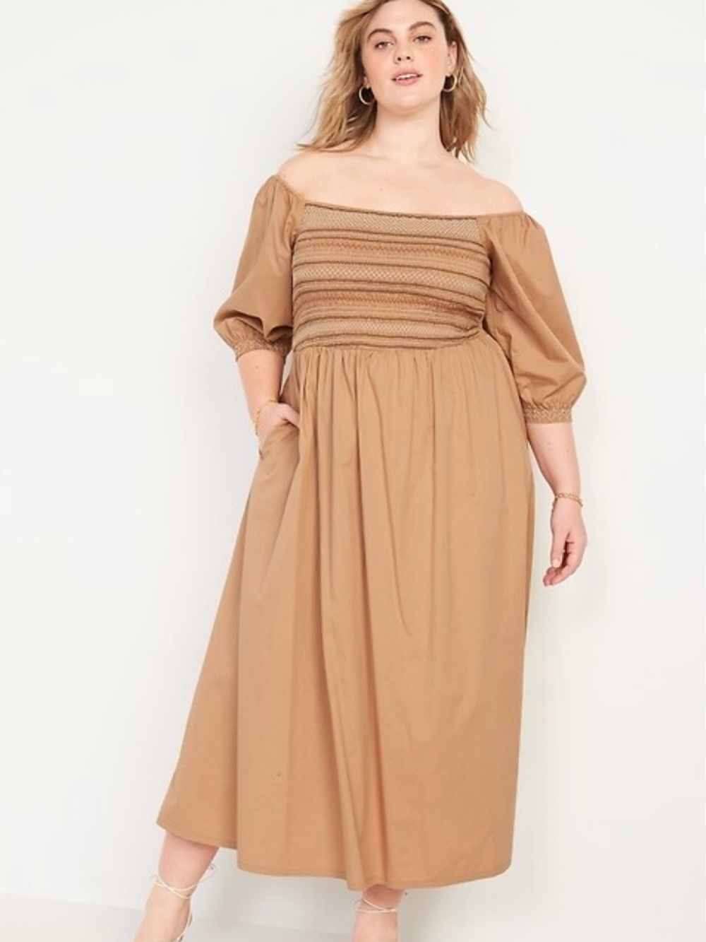 Off-Shoulder Smocked Midi Dress in Camel 3x NWT